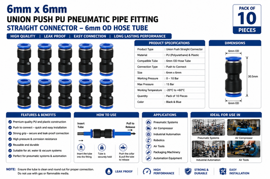 Premium 6mm Union Push-to-Connect Pneumatic Straight Connector (Pack of 10)