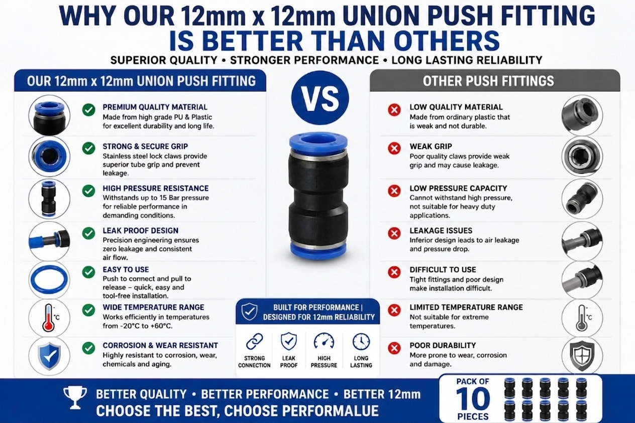 12mm x 12mm Union Push PU Pneumatic Pipe Fitting Straight Connector | Quick Connect Air Hose Tube Coupler | Pack of 10
