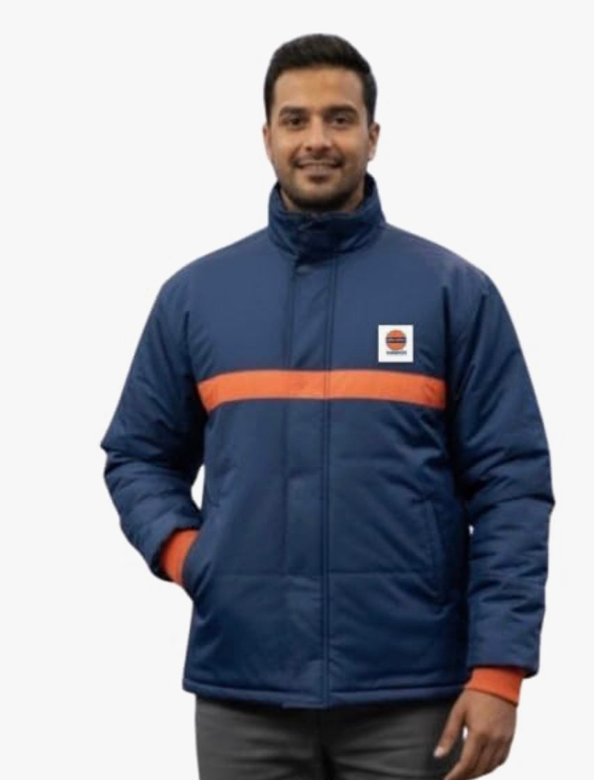 Chandoks Professional Indian Oil Winter Jacket, Navy Blue with Orange Stripe, Work Uniform for Industrial Use