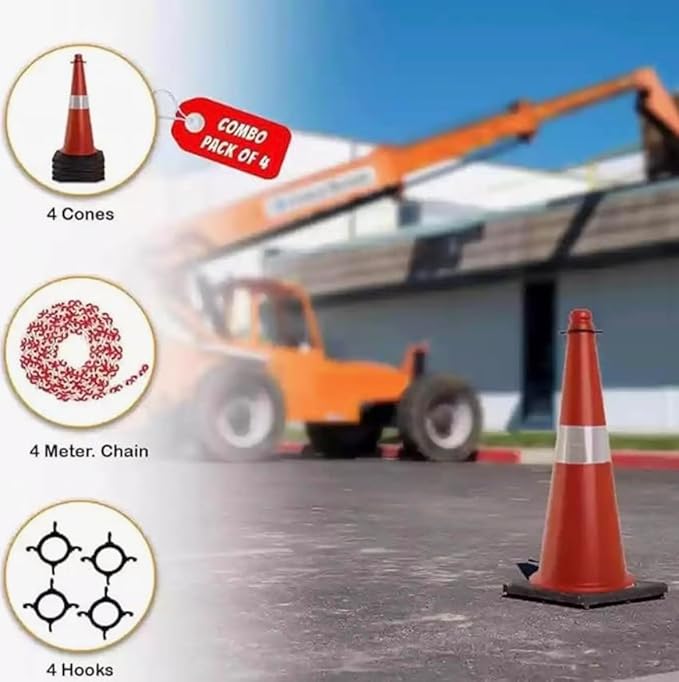 BOMBAY SAFETY Road Traffic Cone with Reflective Strips Social Distancing Safety Cones/Dividers Light Weight Traffic Safety Cone Road Safety Cone Red Color (Pack of 4)