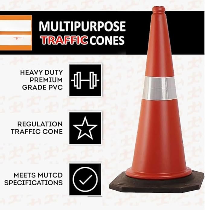 BOMBAY SAFETY Road Traffic Cone with Reflective Strips Social Distancing Safety Cones/Dividers Light Weight Traffic Safety Cone Road Safety Cone Red Color (Pack of 4)