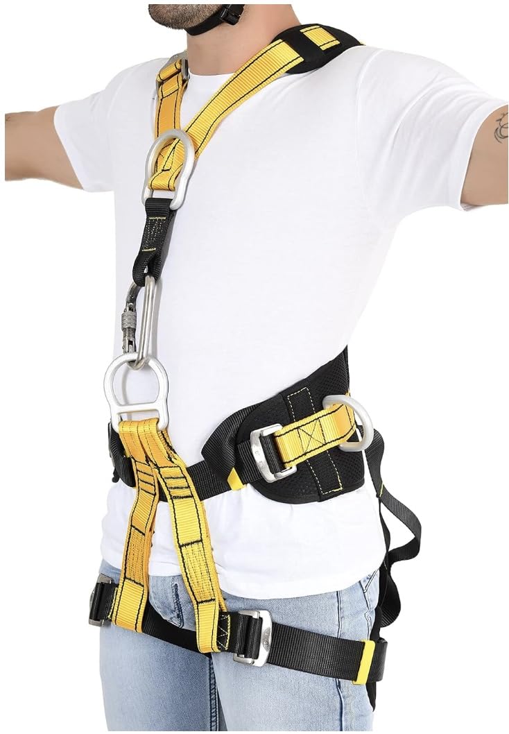 Chandoks Full Body Safety Harness, Black Green/Yellow, Industrial Grade Padded Construction Belt with Adjustable Straps, ISI Marked, Free Size, for Professional Workers