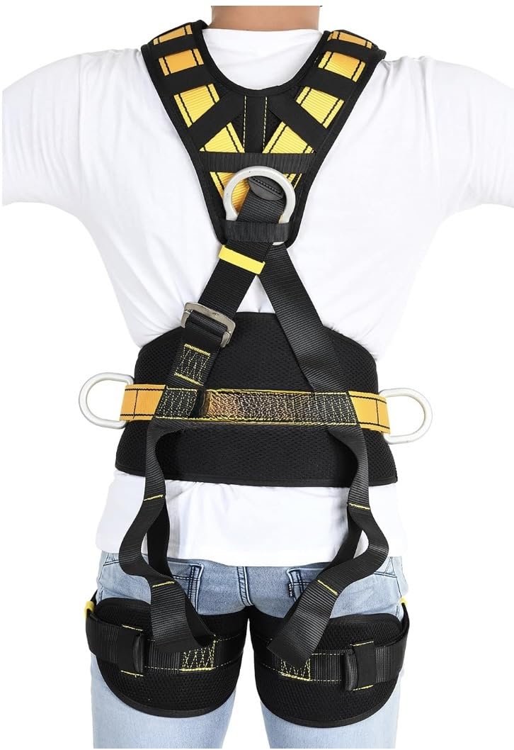 Chandoks Full Body Safety Harness, Black Green/Yellow, Industrial Grade Padded Construction Belt with Adjustable Straps, ISI Marked, Free Size, for Professional Workers