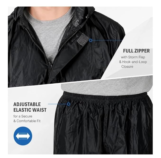 Rain Jacket & Pant Set | Waterproof Outdoor Protective Wear | Adjustable Elastic Waist, Full Zipper with Storm Flap, Hook-and-Loop Closure, Hooded Design, Outdoor Protective Wear