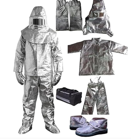 Professional Aluminized Fiberglass Fire Proximity Suit, Silver, Complete Protection Set with Hood, Gloves, Boots for Industrial Safety, Heat Resistant