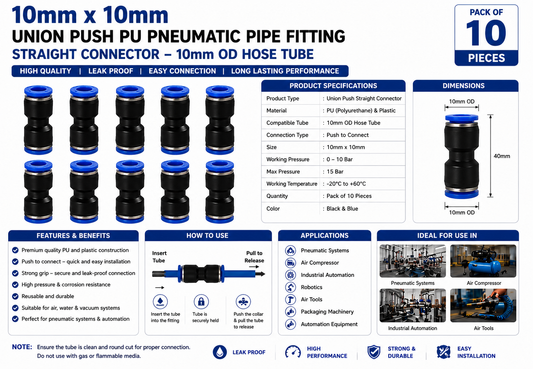 8mm x 8mm Union Push PU Pneumatic Pipe Fitting Straight Connector | Quick Connect Air Hose Tube Coupler | Pack of 10