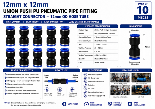 12mm x 12mm Union Push PU Pneumatic Pipe Fitting Straight Connector | Quick Connect Air Hose Tube Coupler | Pack of 10