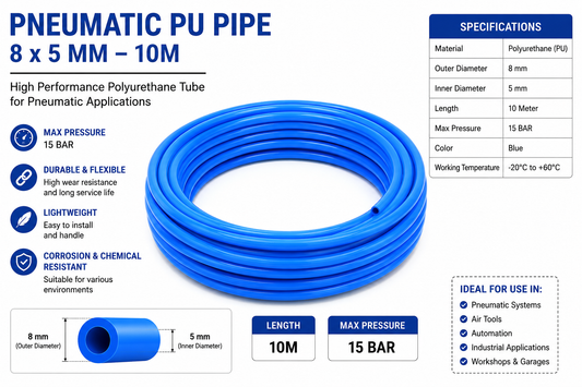 Industrial Grade PU Pneumatic Air Tube 8mm OD × 5mm ID – 10M | Flexible Polyurethane Air Hose | 15 BAR Pressure