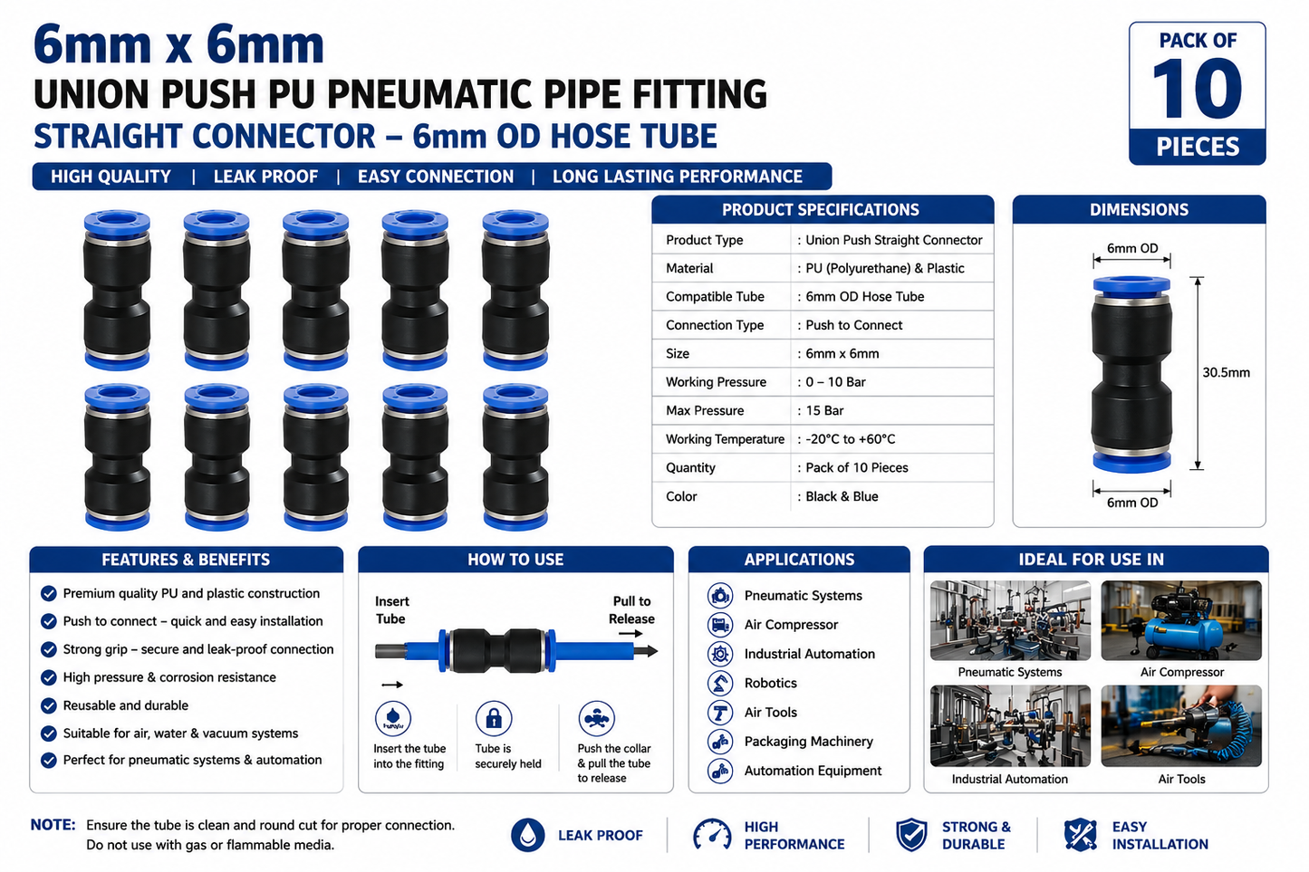 Premium 6mm Union Push-to-Connect Pneumatic Straight Connector (Pack of 10)