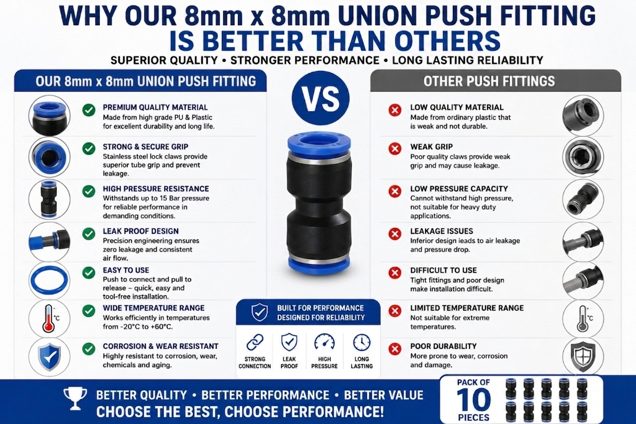 8mm x 8mm Union Push PU Pneumatic Pipe Fitting Straight Connector | Quick Connect Air Hose Tube Coupler | Pack of 10