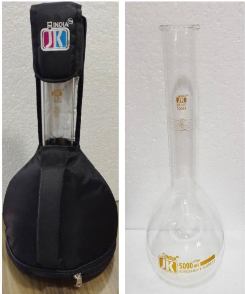 5 Litre Volumetric Glass Flask with NABL Calibration Certificate | Laboratory Volumetric Flask | Precision Measuring Flask for Fuel Testing & Industrial Labs