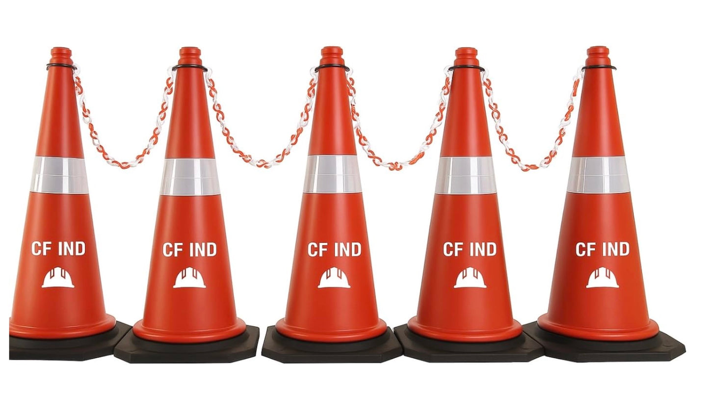 CF IND Traffic Safety Cone Set, 750mm Orange 5 PVC Cones with Reflective Strips, 5-Meter Chain Barrier Kit, Heavy-Duty Construction Zone Equipment, 5-Pack