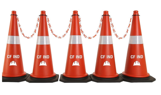 CF IND Traffic Safety Cone Set, 750mm Orange 5 PVC Cones with Reflective Strips, 5-Meter Chain Barrier Kit, Heavy-Duty Construction Zone Equipment, 5-Pack