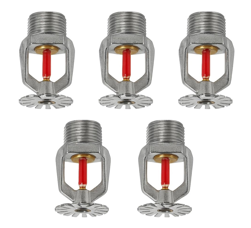 Automatic Fire Sprinkler Head, Chrome-Plated, Glass Bulb Temperature Sensor, Ceiling and Wall Mount, Pack of 5, Industrial Fire Suppression System