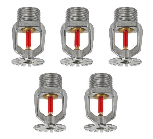 Automatic Fire Sprinkler Head, Chrome-Plated, Glass Bulb Temperature Sensor, Ceiling and Wall Mount, Pack of 5, Industrial Fire Suppression System