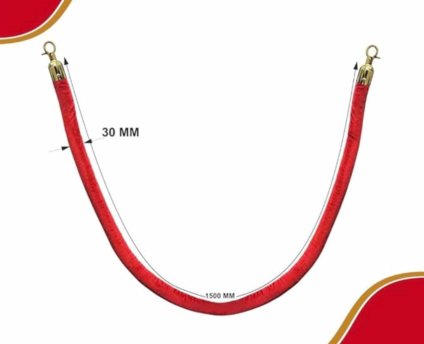 Red Velvet, 5Ft 2" Thick Stanchion Queue Barrier Velvet Rope, Crowd Control Barrier Hooks for Ball Top Stanchions (1 Pc, Gold Hooks)