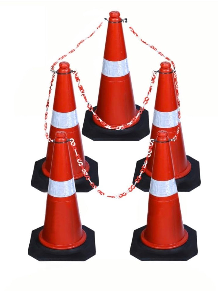 CF IND Traffic Safety Cone Set, 750mm Orange 5 PVC Cones with Reflective Strips, 5-Meter Chain Barrier Kit, Heavy-Duty Construction Zone Equipment, 5-Pack