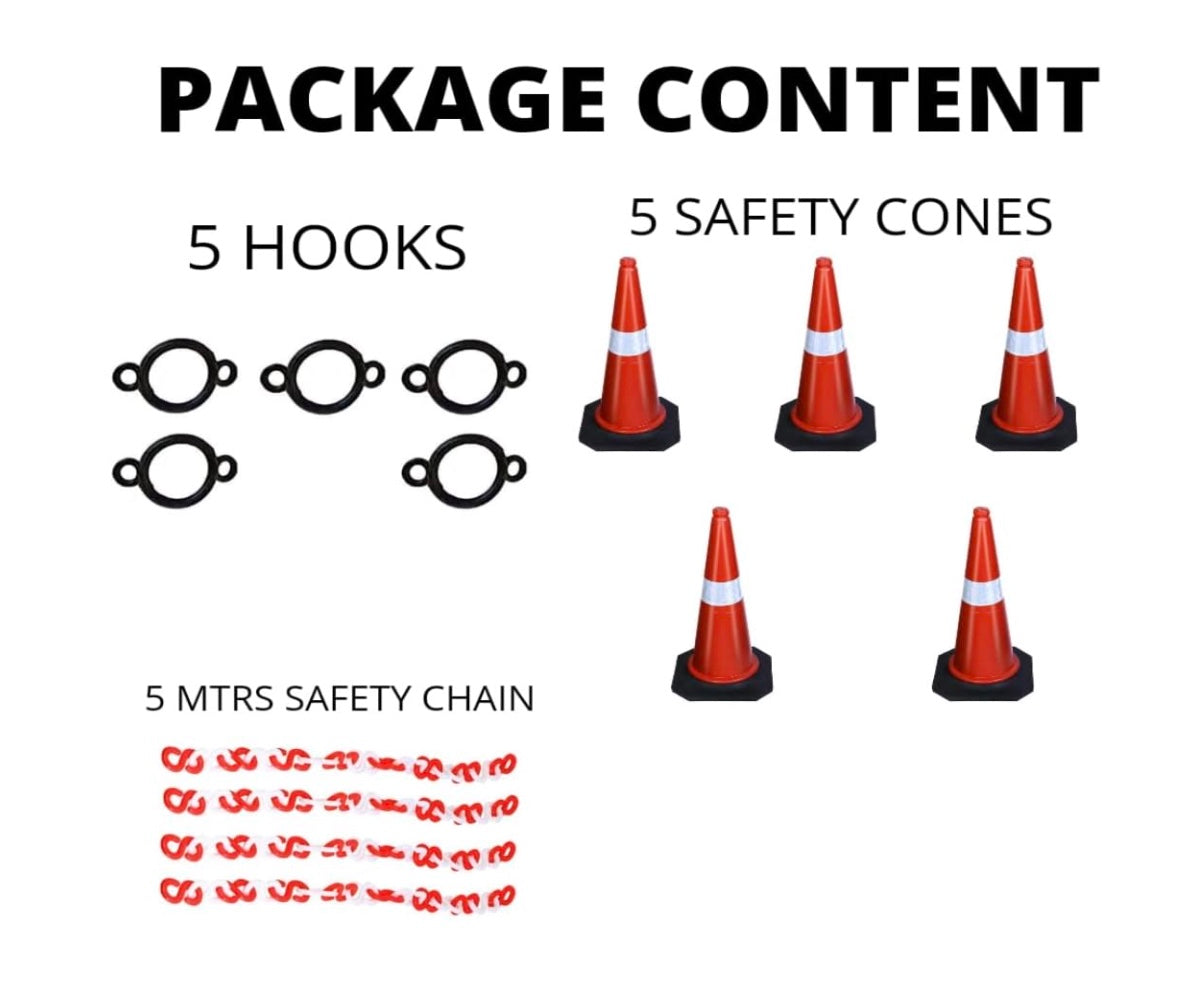 CF IND Traffic Safety Cone Set, 750mm Orange 5 PVC Cones with Reflective Strips, 5-Meter Chain Barrier Kit, Heavy-Duty Construction Zone Equipment, 5-Pack