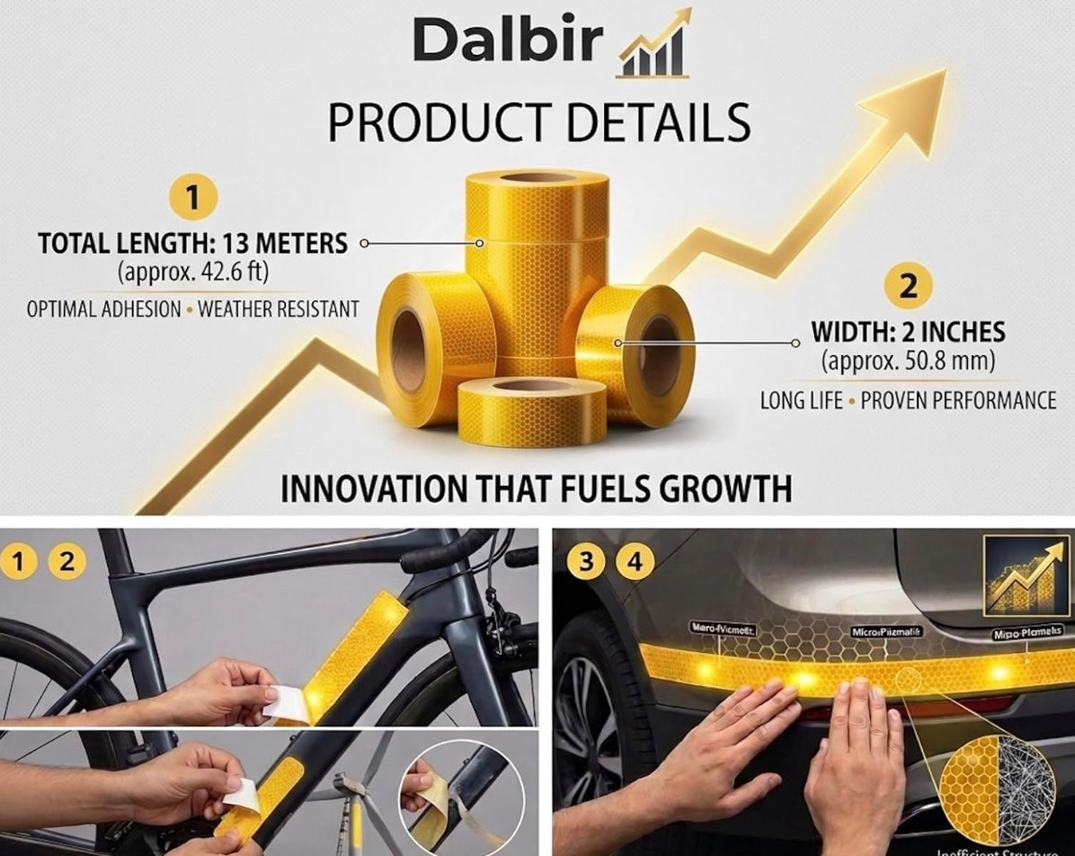 DALBIR High Intensity Water Proof Conspicuity Warning Reflective Radium Conspicuity Tape Sticker 2 Inch X 13 Meter Yellow